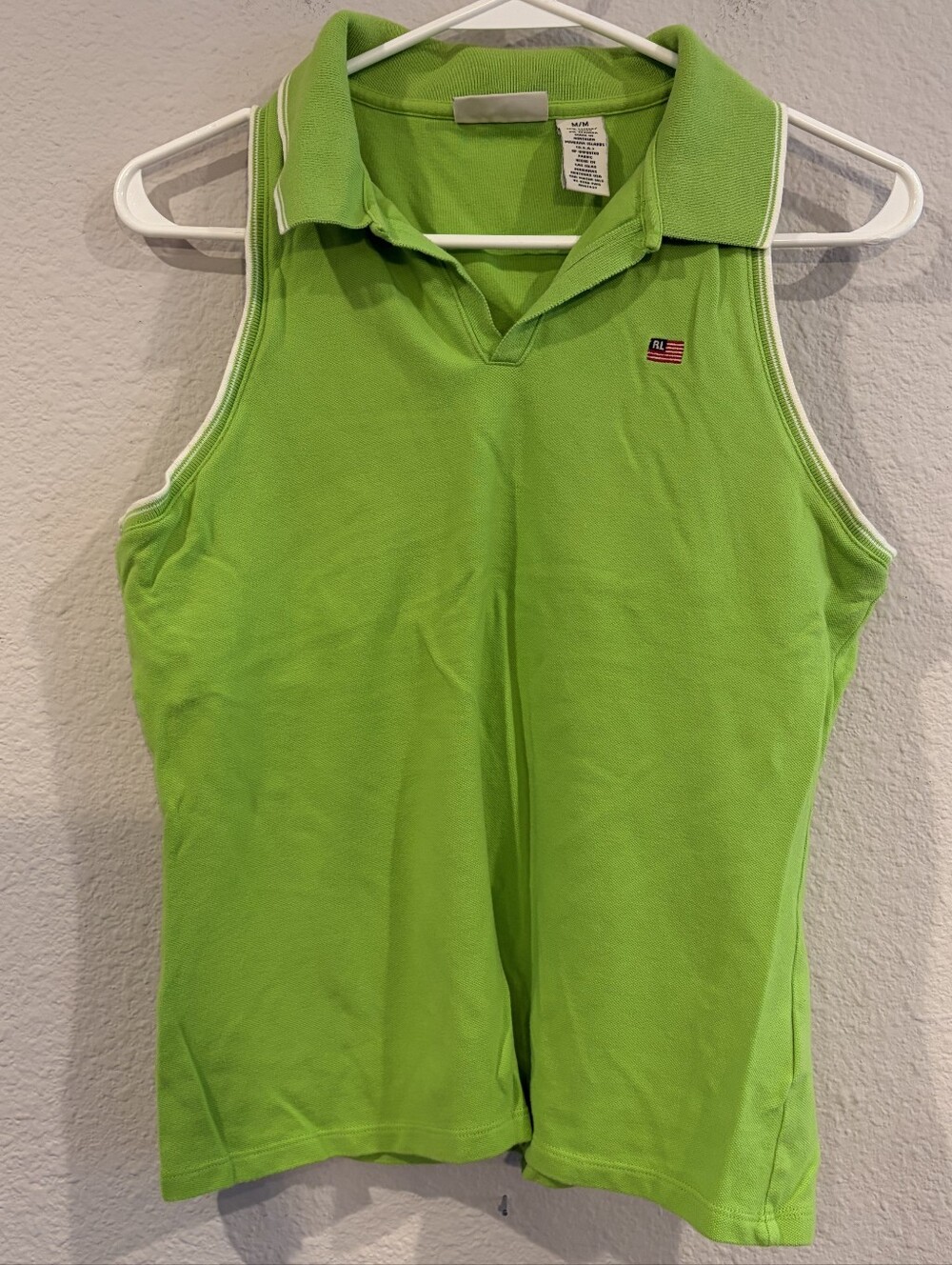 Polo Jeans Co Womens Vintage 90s Lime Green White Sleeveless Polo Shirt Size Med